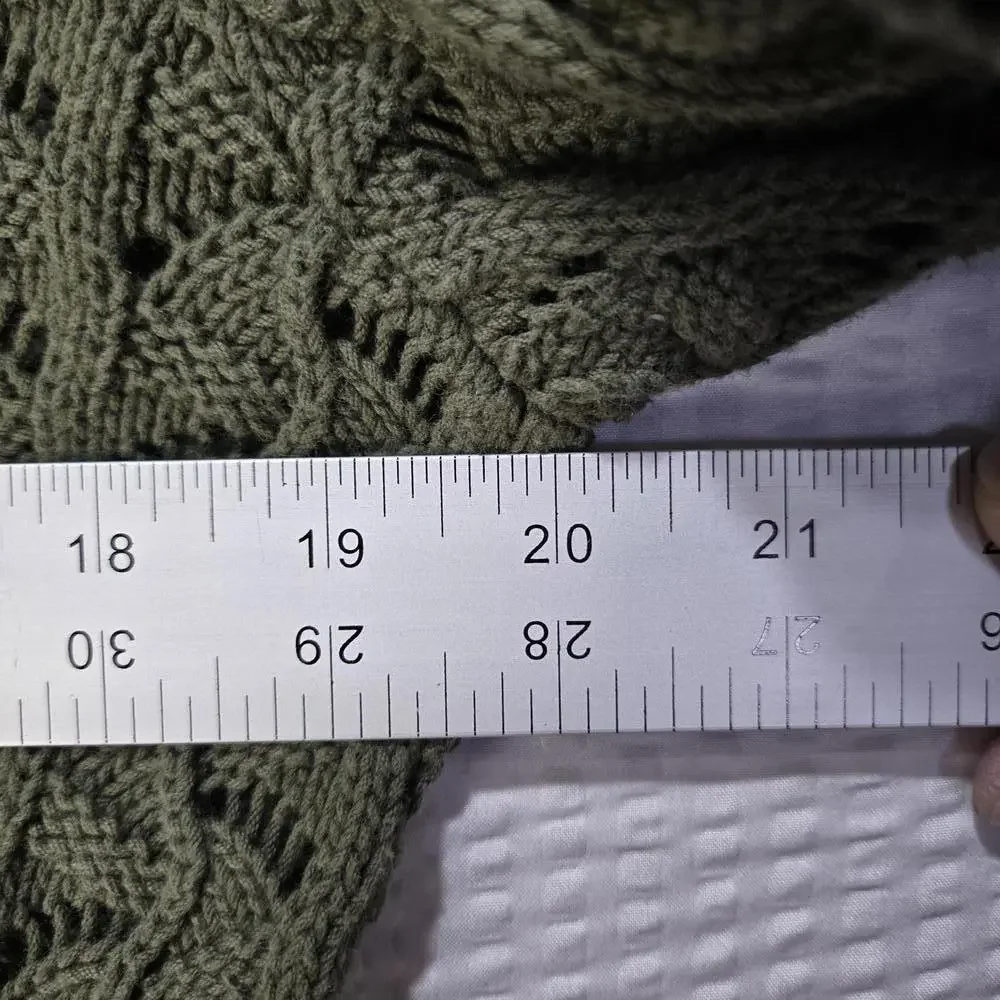 Charter Club Olive Green Cotton Pointelle Knit Sweater L V-Neck Scalloped Boho - Picture 7 of 8